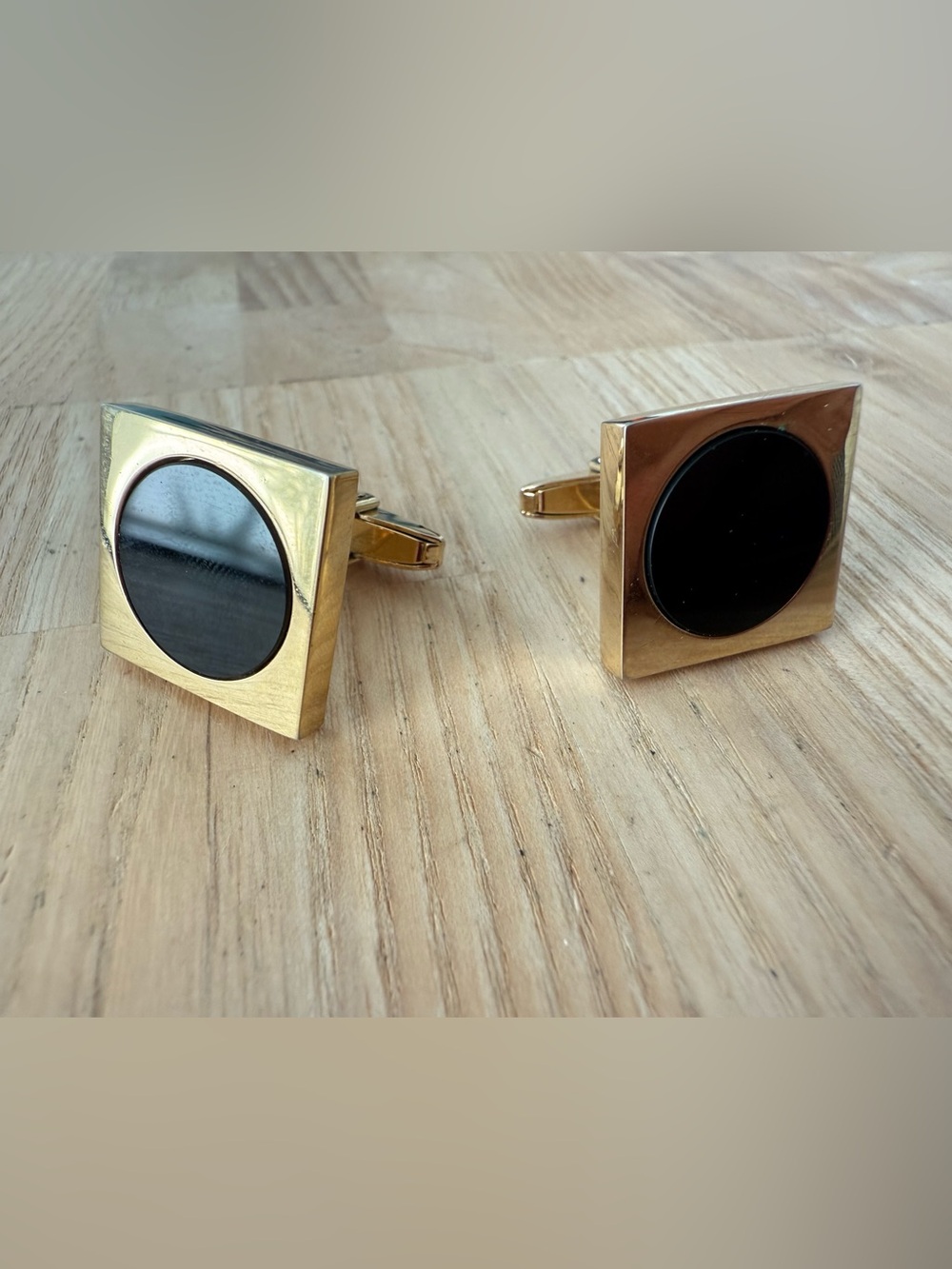 Vintage square gold tone black circle cuff links